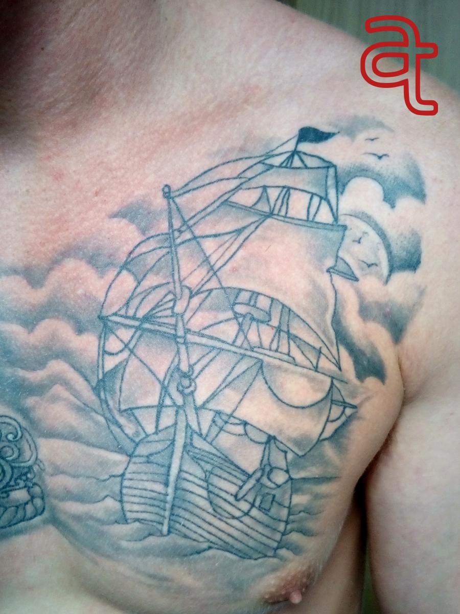 Boat tattoo renewal by Dr.Ink Atkatattoo (before)